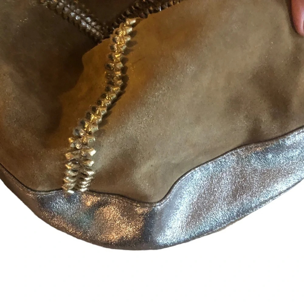 Chico’s Cirque Gold Leather Embellished Hobo Bag Sz. L Unique Braiding 18X12